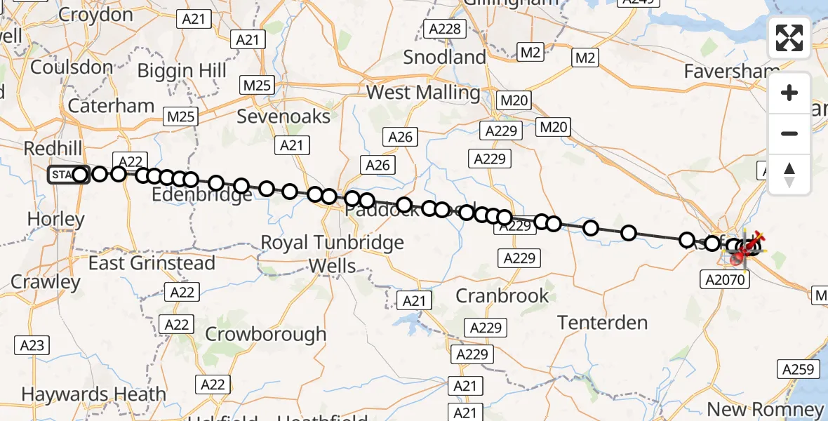 Flight path map showing Air Ambulance Helicopter route from Redhill Aerodrome to Sevington
