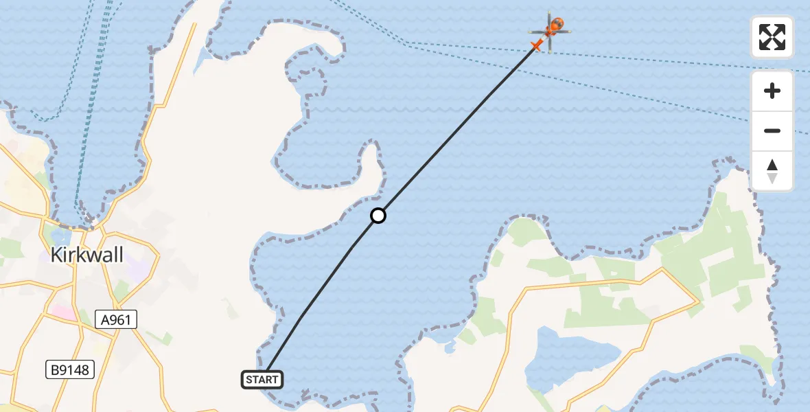 Flight path map showing Coastguard Helicopter route from Kirkwall to North Atlantic Ocean