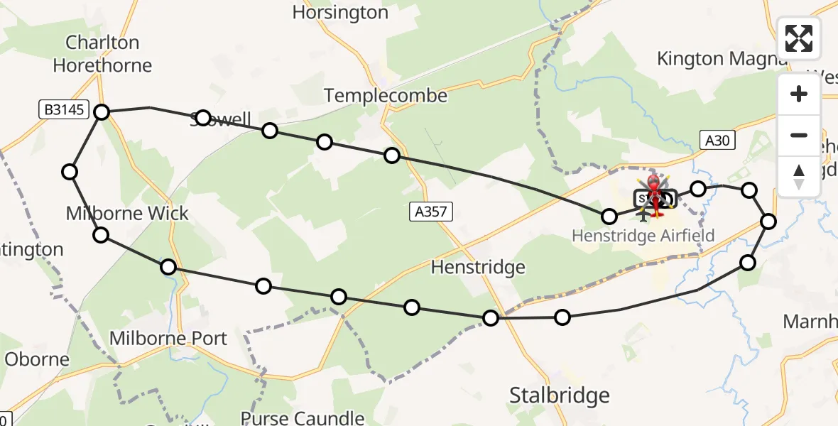 Flight path map showing Air Ambulance Helicopter route from Henstridge Airfield to Henstridge Airfield