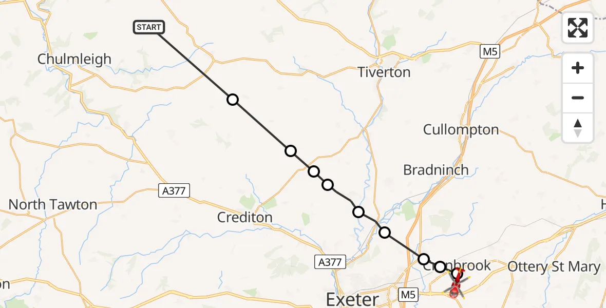 Flight path map showing Air Ambulance Helicopter route from North Devon to Rockbeare