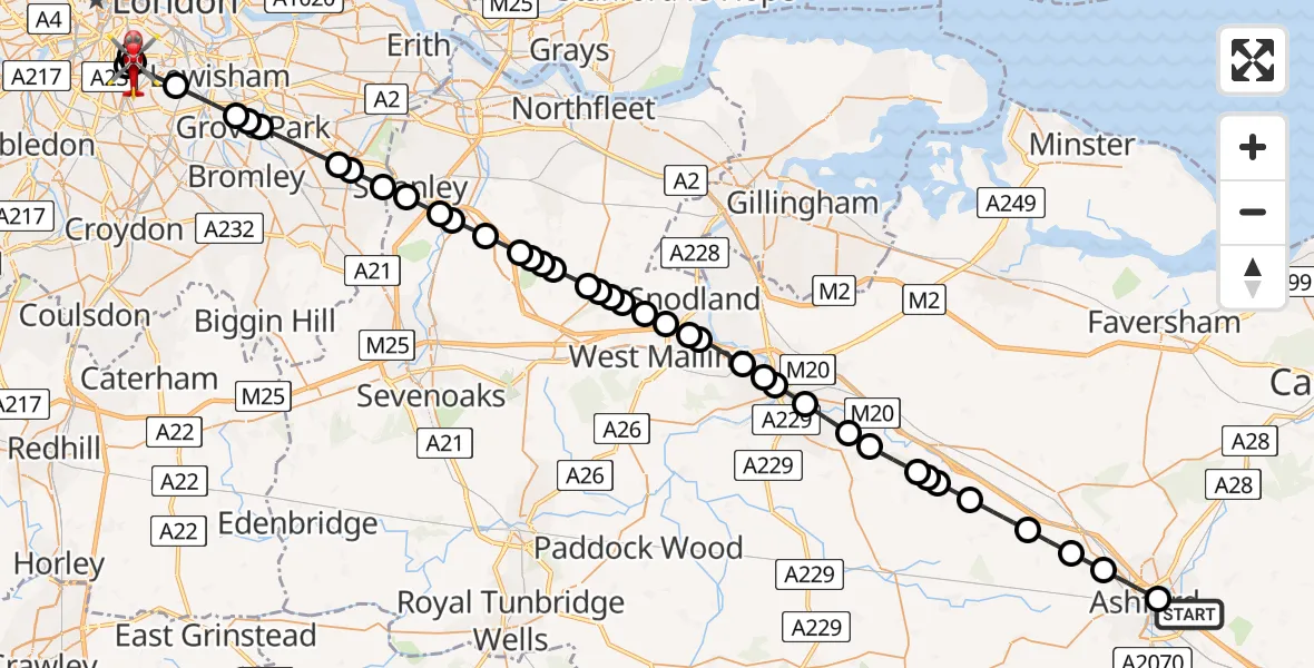 Flight path map showing Air Ambulance Helicopter route from Sevington to Kings College London Hospital