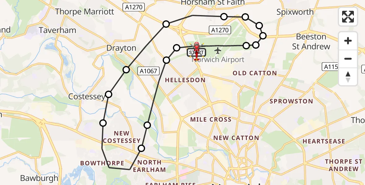 Flight path map showing Air Ambulance Helicopter route from Norwich Airport to Norwich Airport