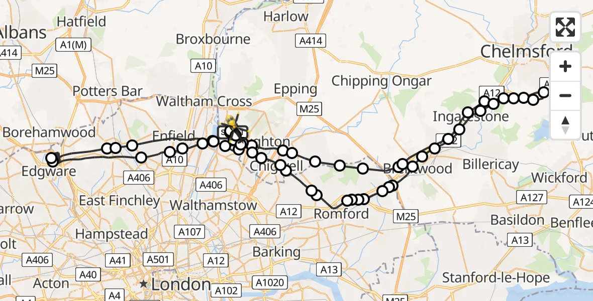 Flight path map showing Police Helicopter route from Metropolitan Police Air Support Unit Lippitts Hill to Sewardstonebury