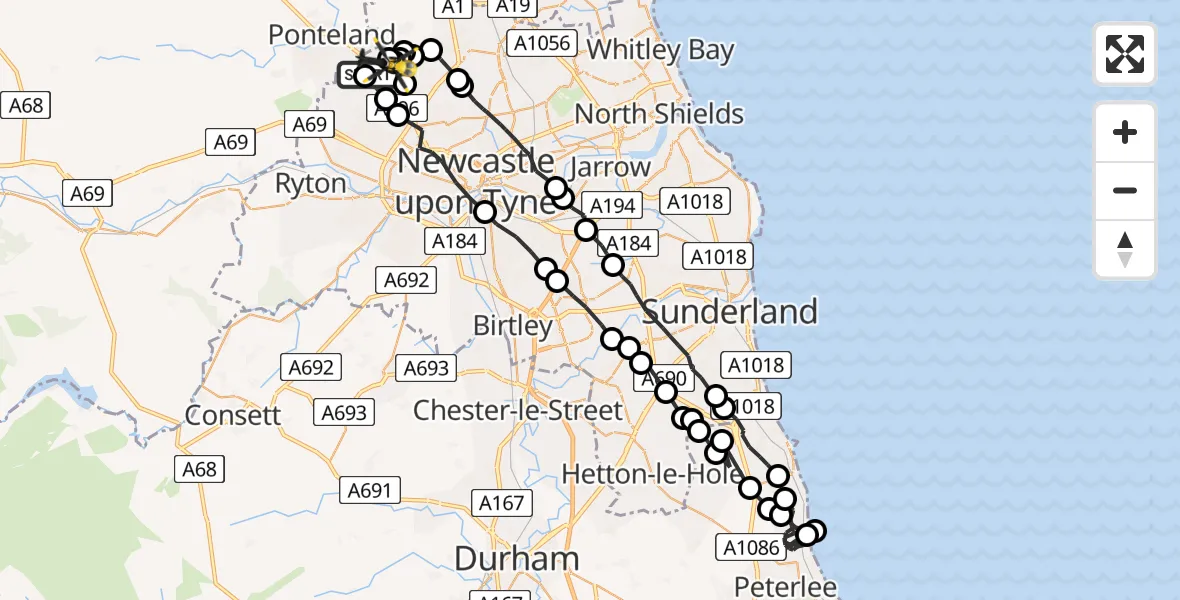 Flight path map showing Police Helicopter route from Newcastle International Airport to Newcastle International Airport