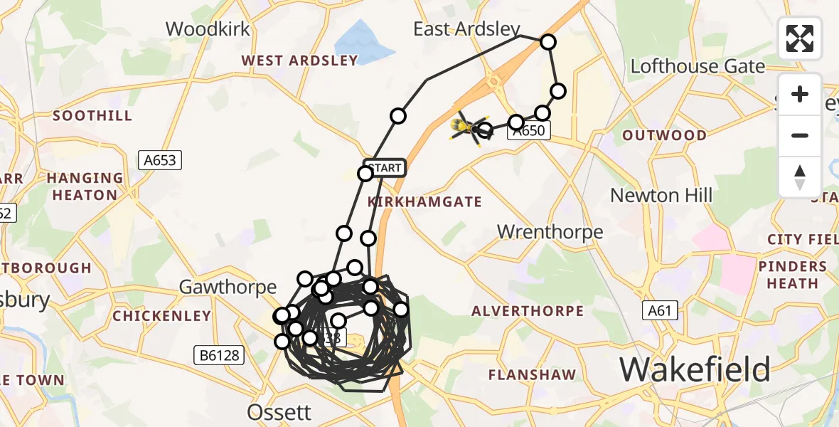 Flight path map showing Police Helicopter route from East Ardsley to East Ardsley