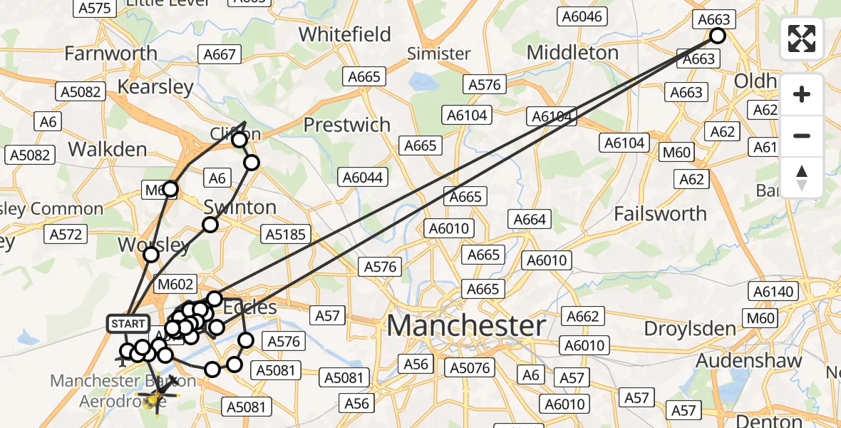 Flight path map showing Police Helicopter route from Worsley to Urmston