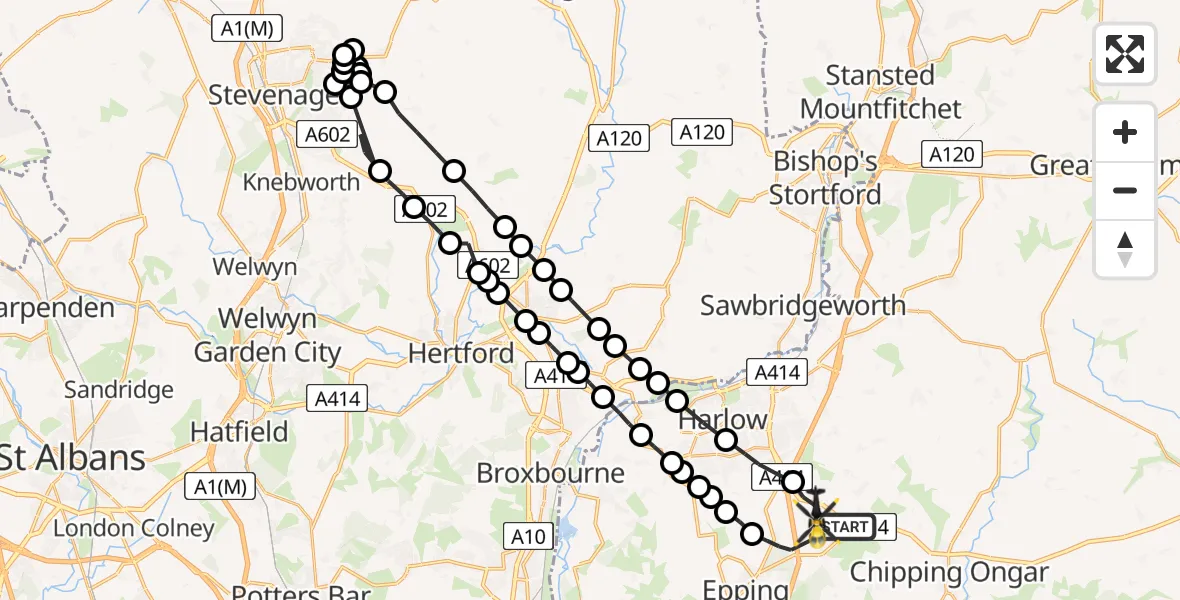 Flight path map showing Police Helicopter route from North Weald Bassett to North Weald Airfield