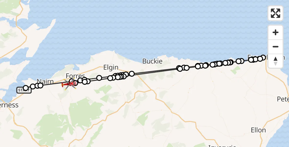Flight path map showing Air Ambulance Helicopter route from Inverness Airport to Conicavel