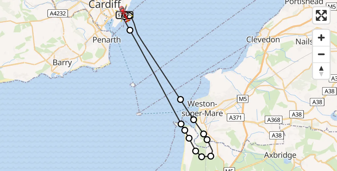 Flight path map showing Air Ambulance Helicopter route from Cardiff Heliport to Cardiff Heliport