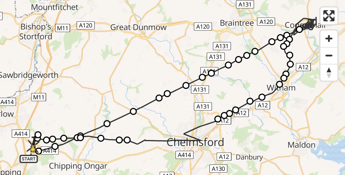 Flight path map showing Police Helicopter route from North Weald Airfield to North Weald Bassett