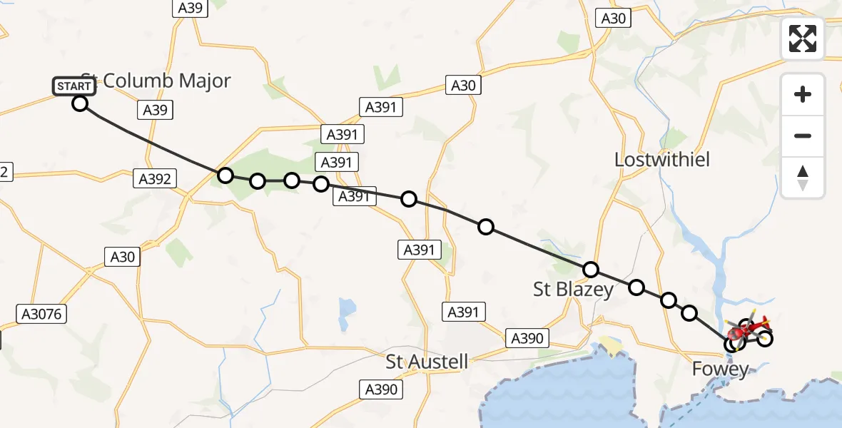 Flight path map showing Air Ambulance Helicopter route from Cornwall Airport Newquay to Lanteglos
