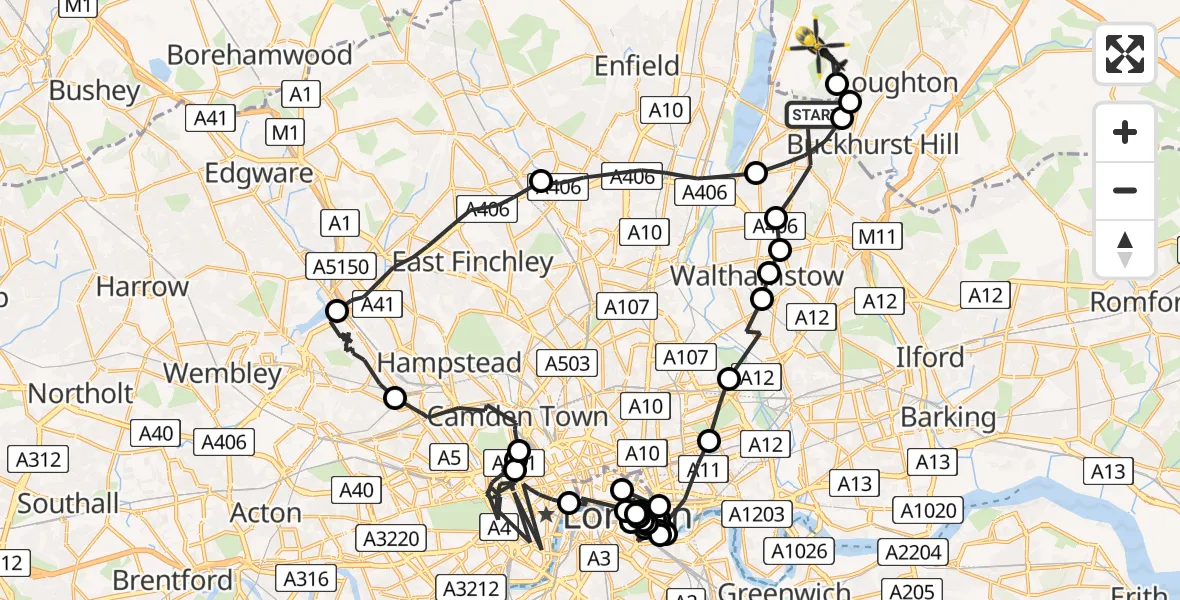 Flight path map showing Police Helicopter route from London Borough of Waltham Forest to Epping Forest