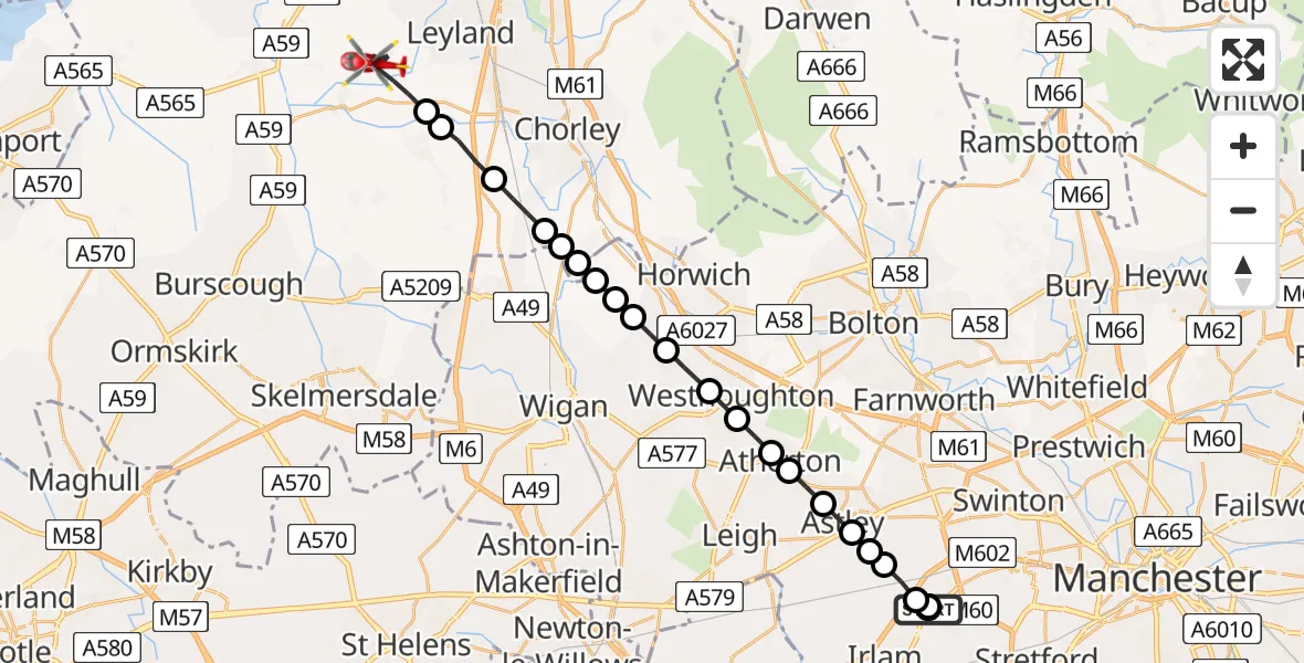 Flight path map showing Air Ambulance Helicopter route from Manchester Barton Aerodrome to Chorley
