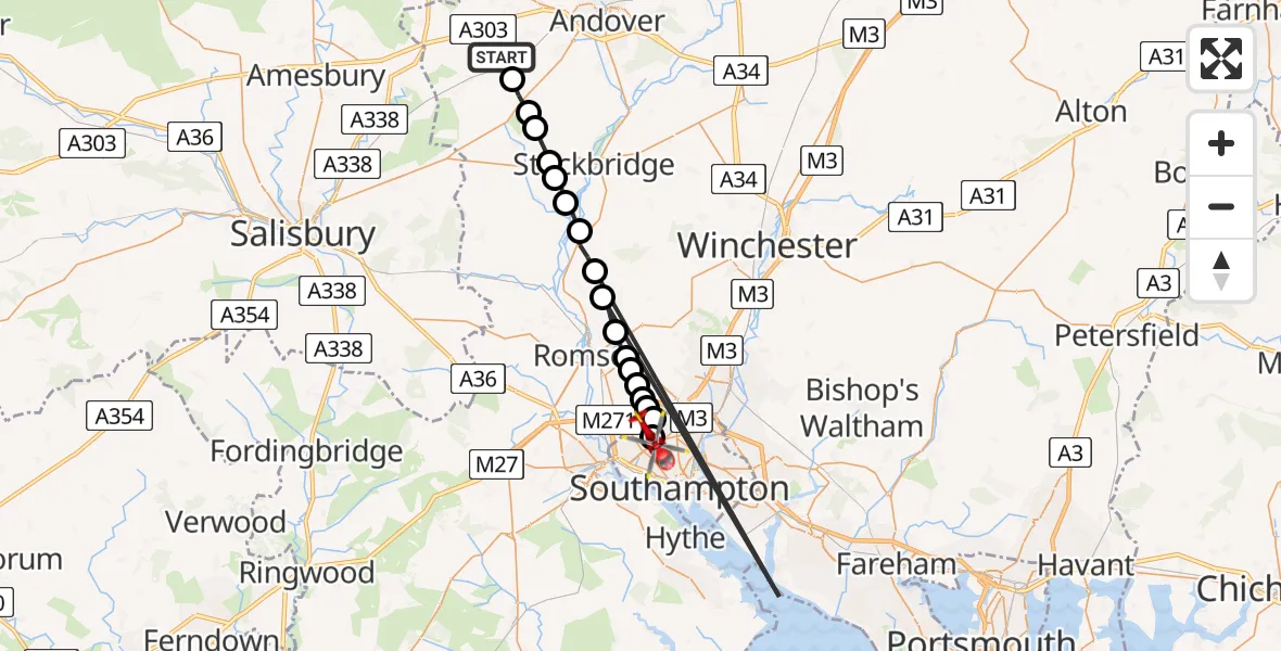 Flight path map showing Air Ambulance Helicopter route from Grateley to University Hospital Southampton