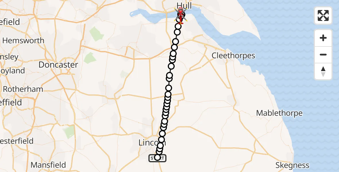 Flight path map showing Air Ambulance Helicopter route from RAF Waddington to Barrow-upon-Humber