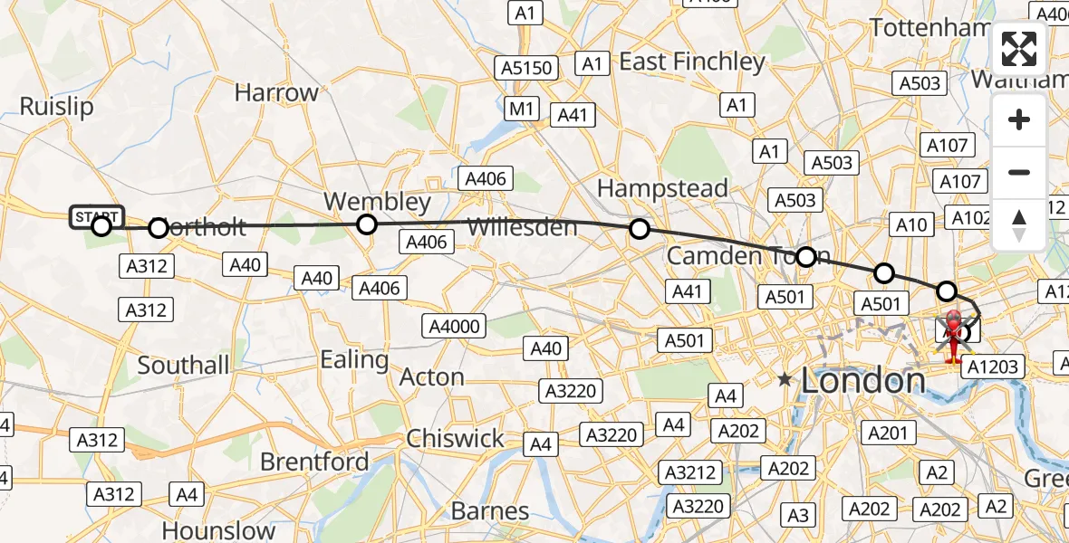 Flight path map showing Air Ambulance Helicopter route from RAF Northolt to Royal London Hospital