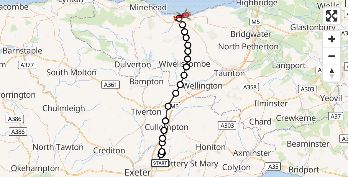 Flight path map showing Air Ambulance Helicopter route from Broadclyst to Watchet