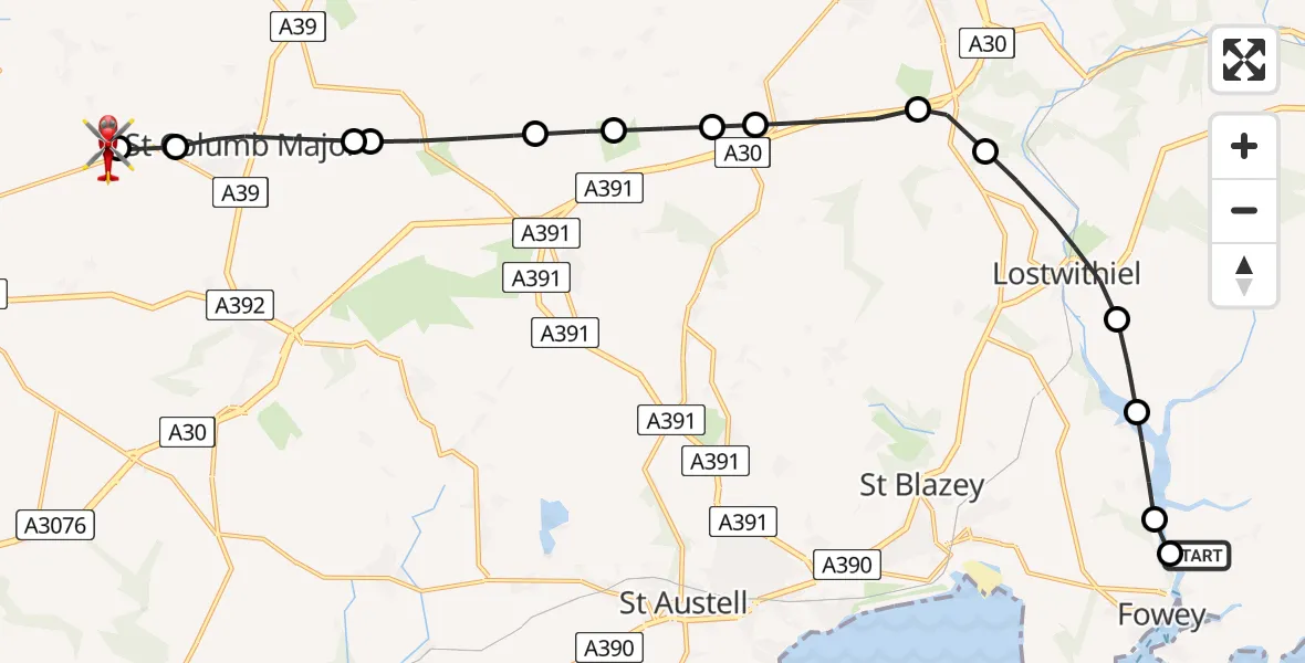 Flight path map showing Air Ambulance Helicopter route from Lanteglos to Cornwall Airport Newquay