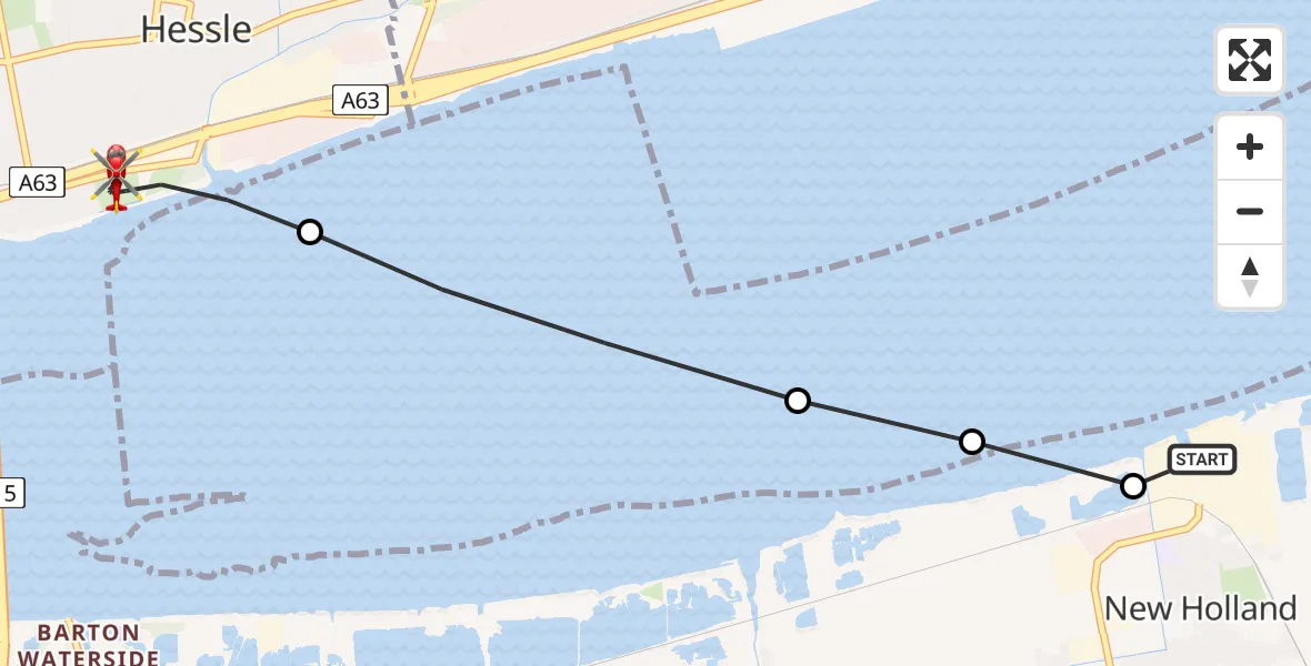 Flight path map showing Air Ambulance Helicopter route from Barrow-upon-Humber to Hessle