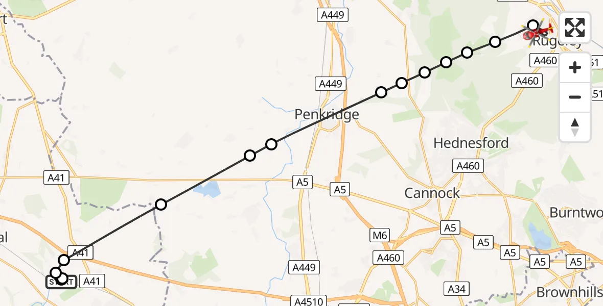 Flight path map showing Air Ambulance Helicopter route from RAF Cosford to Slitting Mill