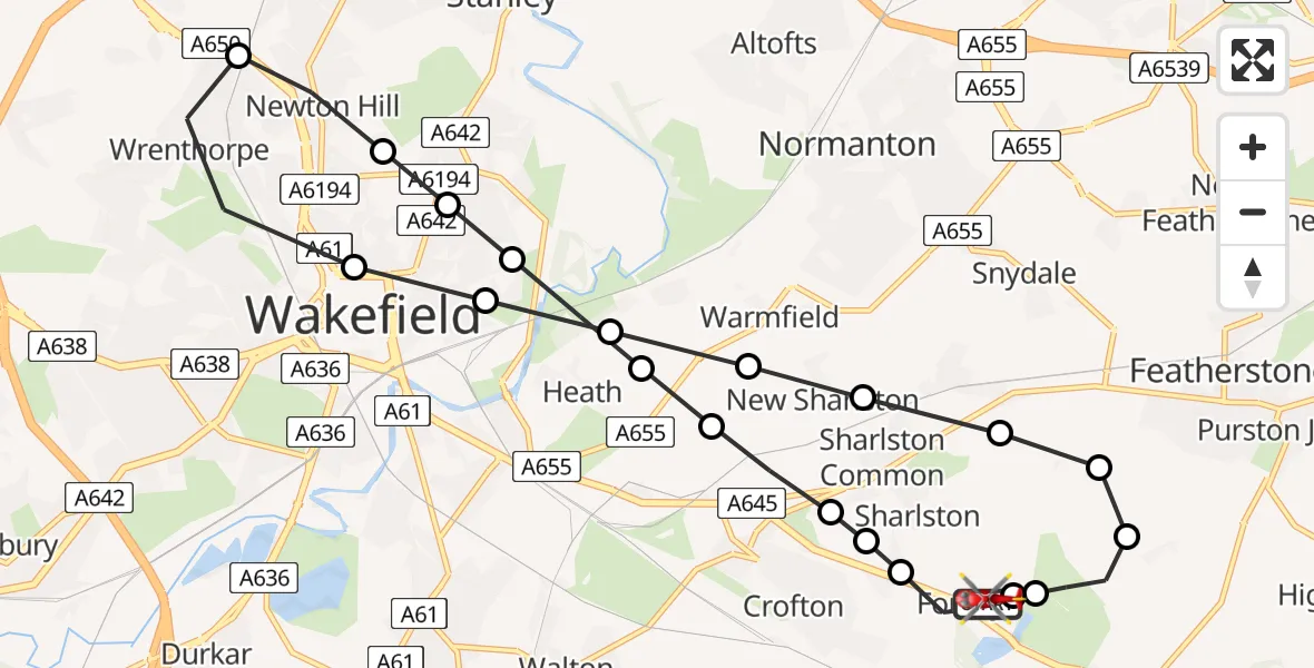 Flight path map showing Air Ambulance Helicopter route from YAA Nostell Helicopter Port to YAA Nostell Helicopter Port