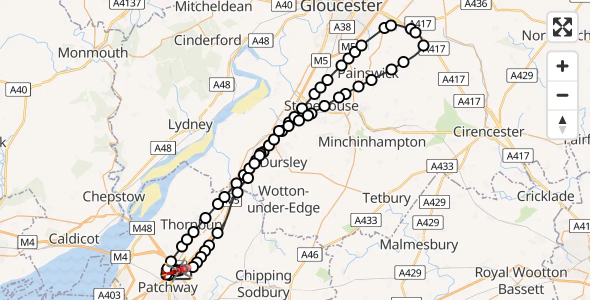 Flight path map showing Air Ambulance Helicopter route from Almondsbury Helicopter Base to Almondsbury Helicopter Base