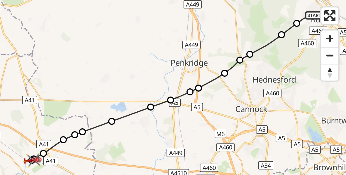 Flight path map showing Air Ambulance Helicopter route from Slitting Mill to Cosford