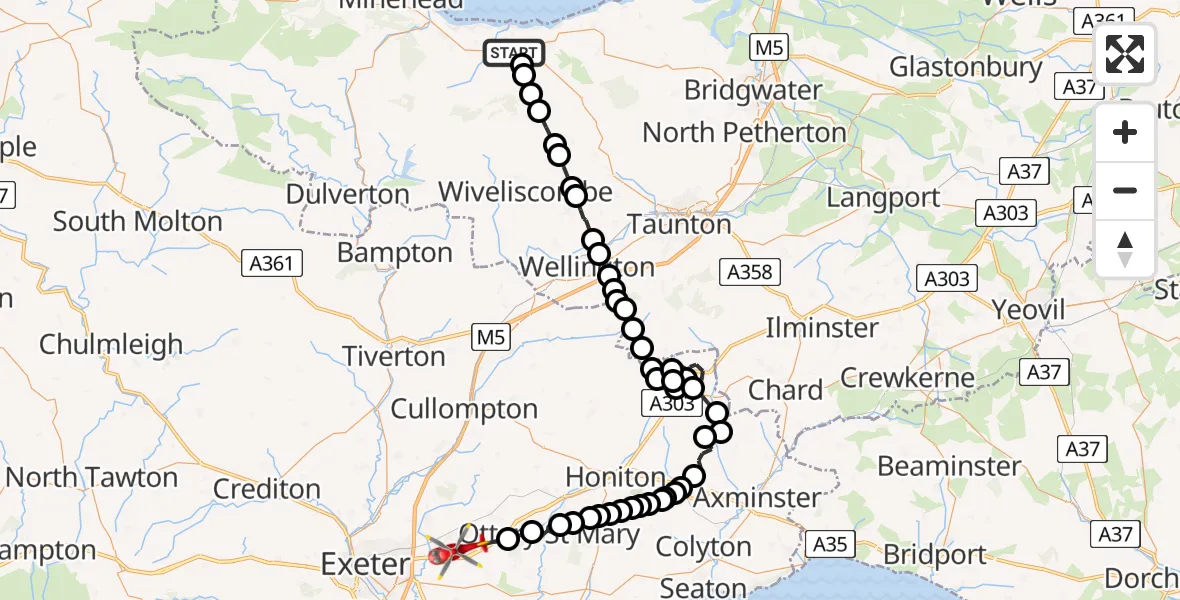 Flight path map showing Air Ambulance Helicopter route from Williton to Exeter International Airport