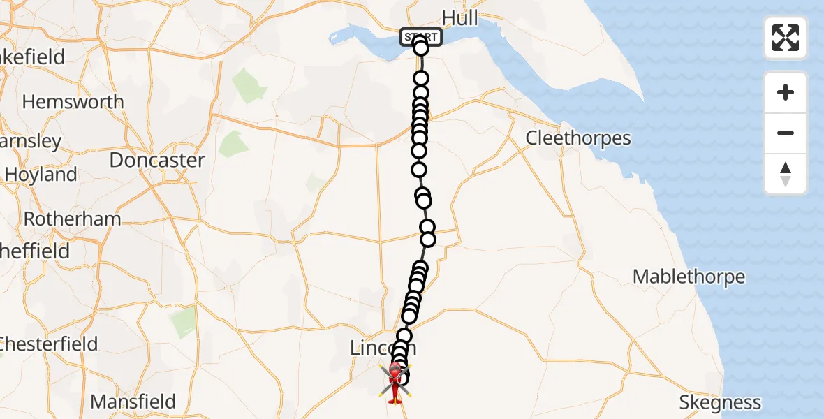 Flight path map showing Air Ambulance Helicopter route from Hessle to North Kesteven