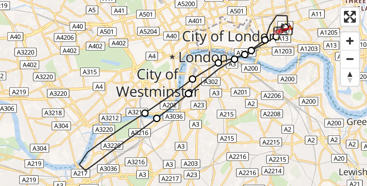 Flight route Air Ambulance Helicopter Royal London Hospital - Royal London Hospital, 16 March 2026, 09:32