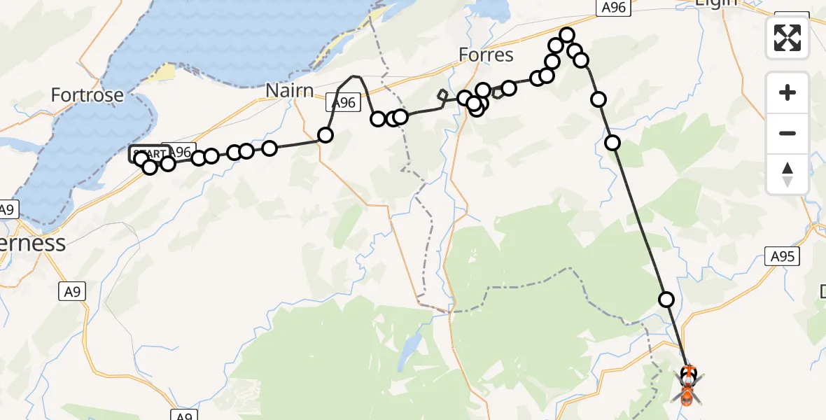 Flight path map showing Coastguard Helicopter route from Inverness Airport to Glenlivet