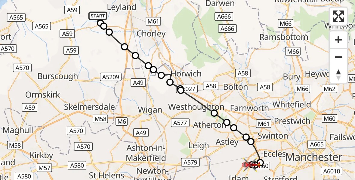 Flight path map showing Air Ambulance Helicopter route from Chorley to Manchester Barton Aerodrome