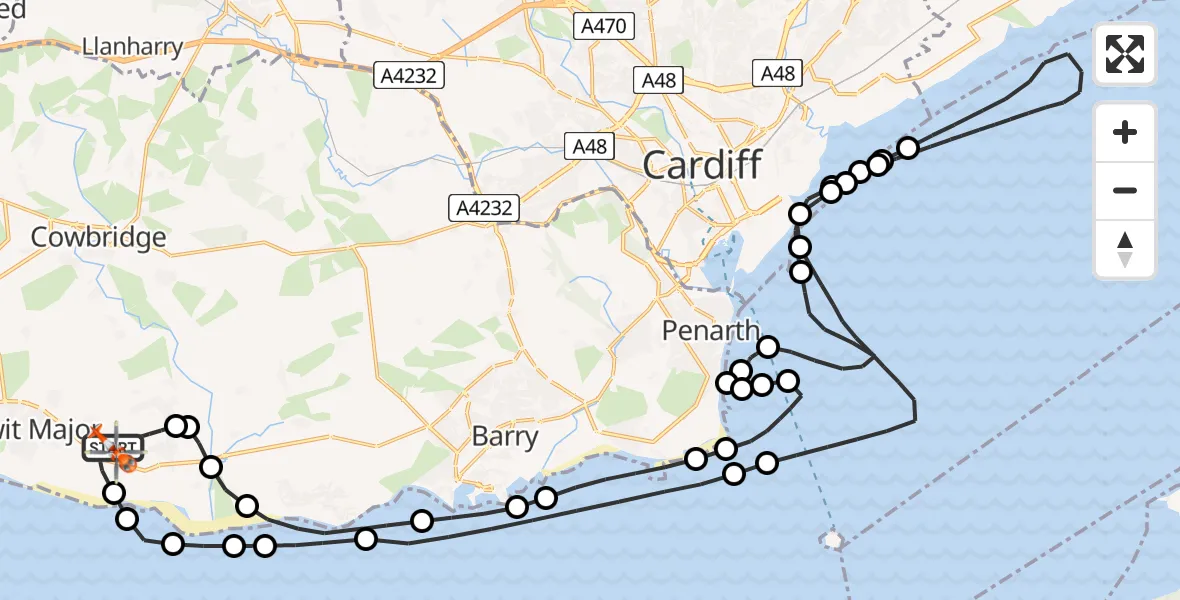 Flight path map showing Coastguard Helicopter route from MOD St Athan to MOD St Athan