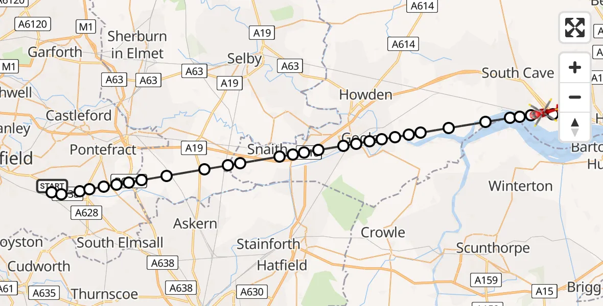 Flight path map showing Air Ambulance Helicopter route from YAA Nostell Helicopter Port to Welton