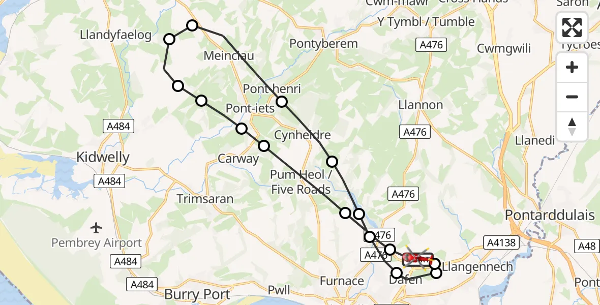 Flight path map showing Air Ambulance Helicopter route from Dafen to Dafen