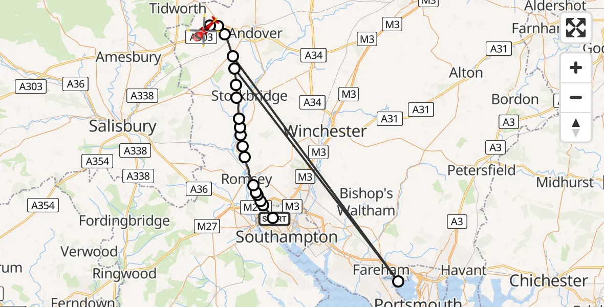 Flight path map showing Air Ambulance Helicopter route from University Hospital Southampton to Shipton Bellinger