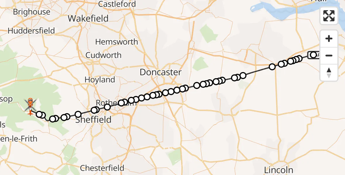 Flight path map showing Coastguard Helicopter route from Humberside Airport to High Peak