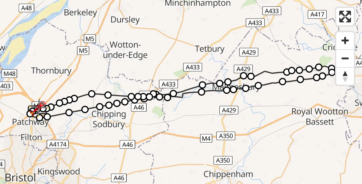Flight path map showing Air Ambulance Helicopter route from Almondsbury Helicopter Base to Almondsbury Helicopter Base