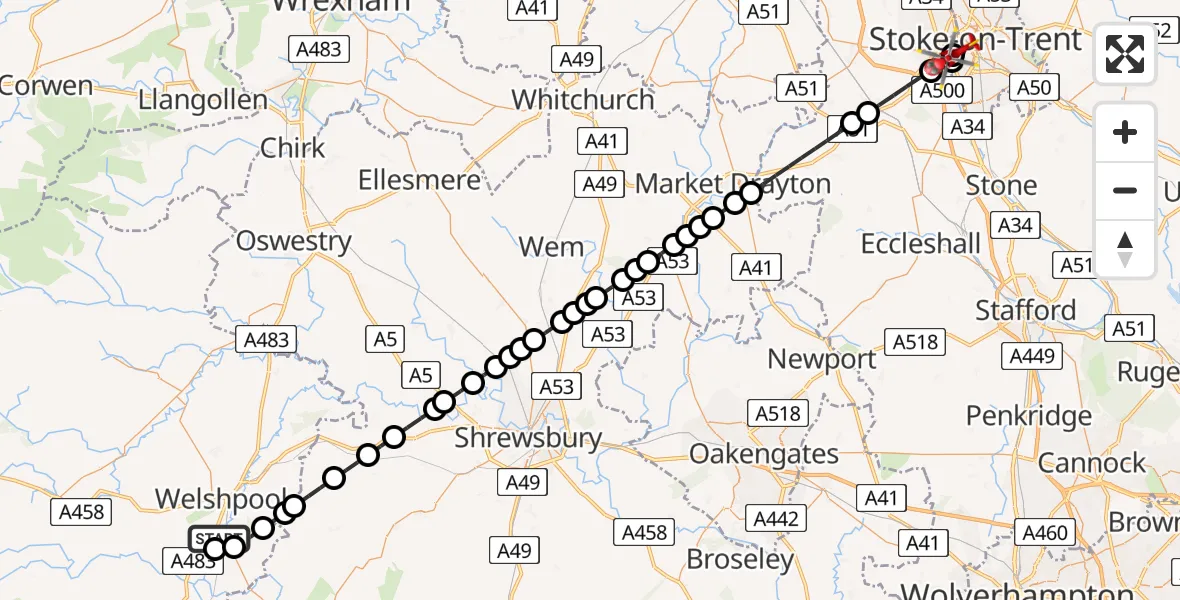 Flight path map showing Air Ambulance Helicopter route from Welshpool Airport to University Hospital North Staffs