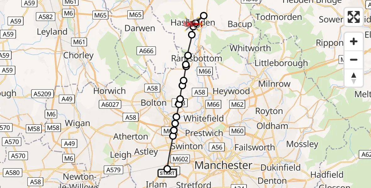 Flight path map showing Air Ambulance Helicopter route from Manchester Barton Aerodrome to Haslingden