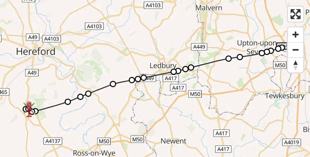 Flight path map showing Air Ambulance Helicopter route from Hill Croome to Wormelow