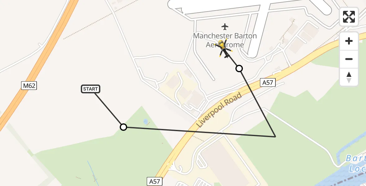Flight path map showing Police Helicopter route from Manchester Barton Aerodrome to Manchester Barton Aerodrome