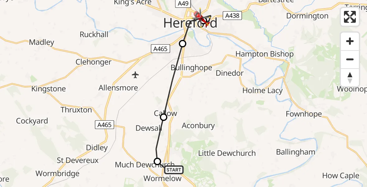 Flight path map showing Air Ambulance Helicopter route from Wormelow to Hereford County Hospital