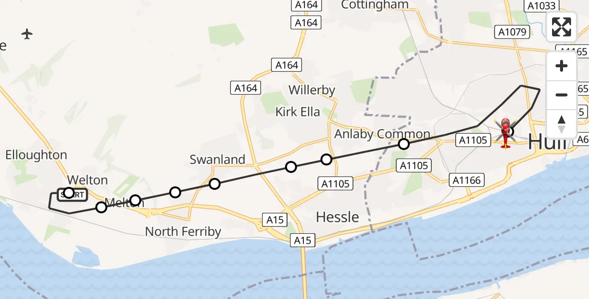 Flight path map showing Air Ambulance Helicopter route from Welton to Hull Royal Infirmary