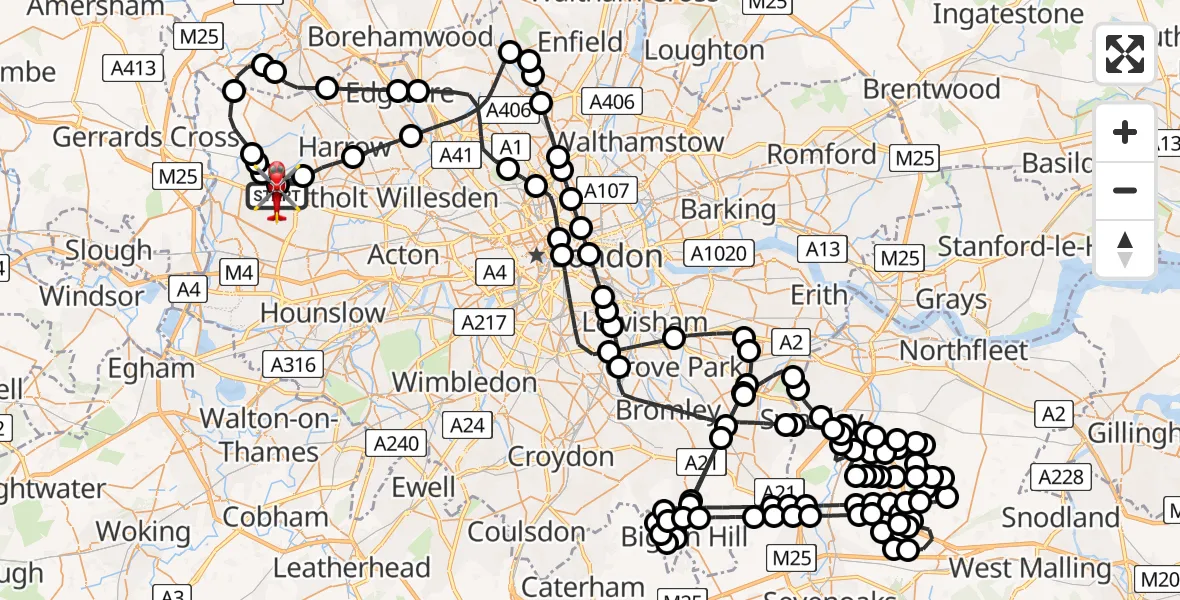 Flight path map showing Air Ambulance Helicopter route from RAF Northolt to RAF Northolt