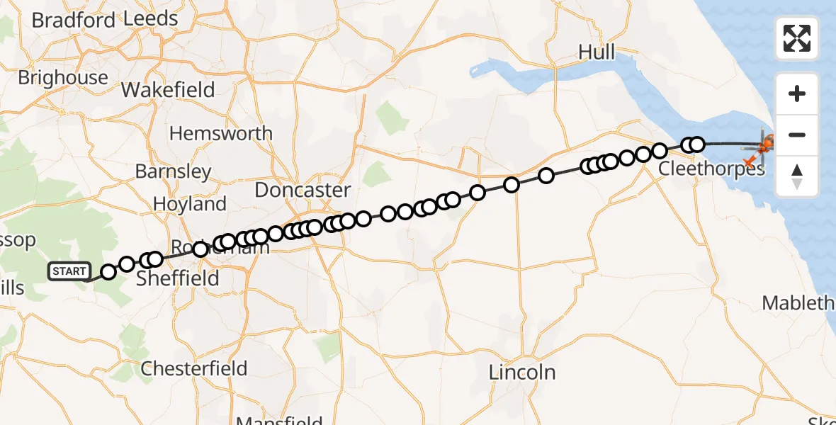 Flight path map showing Coastguard Helicopter route from High Peak to North Sea