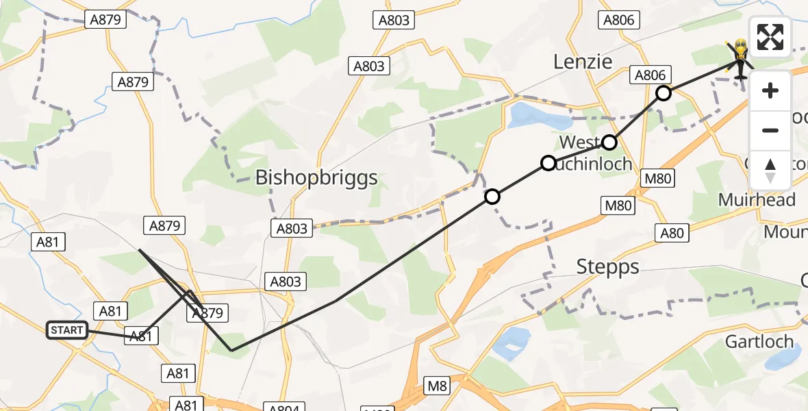 Flight path map showing Police Helicopter route from Glasgow to Moodiesburn