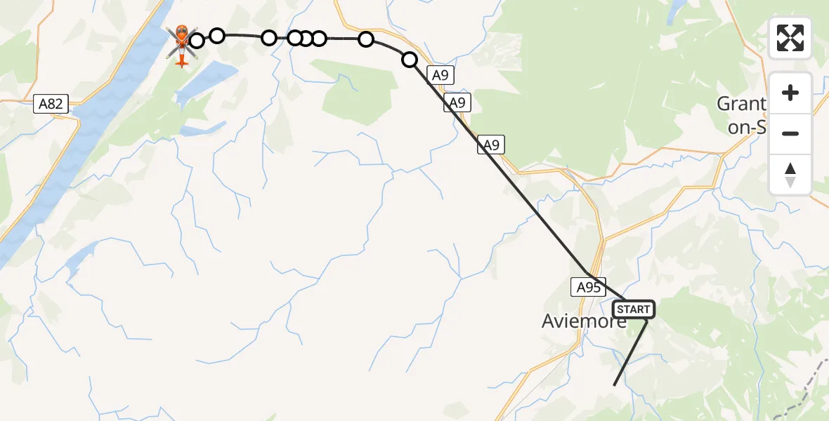 Flight path map showing Coastguard Helicopter route from Aviemore to Dores