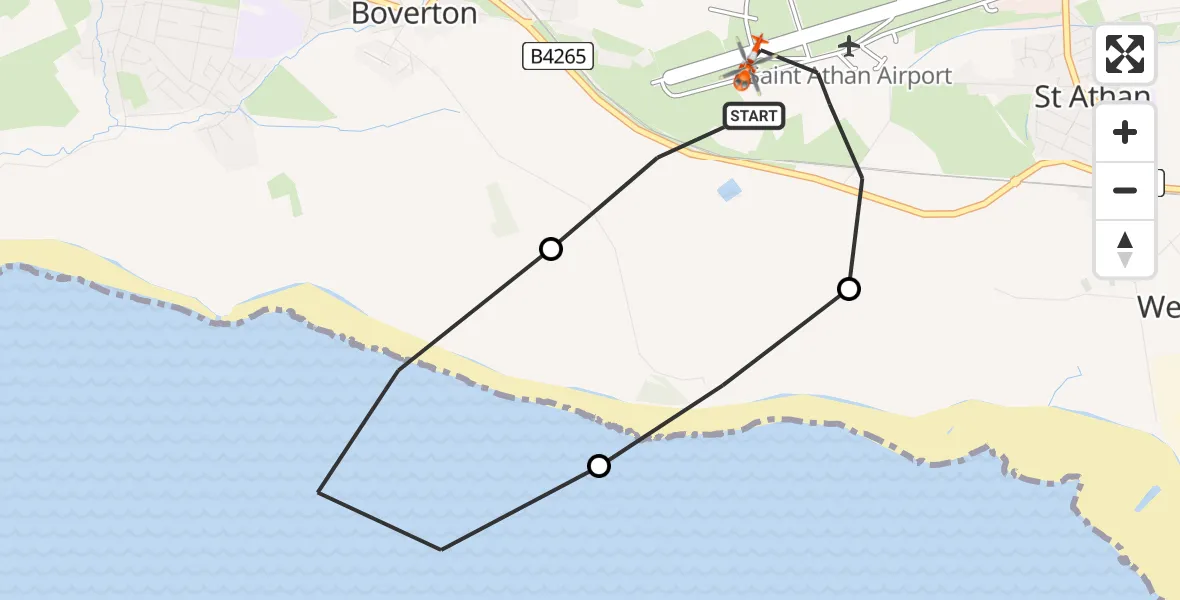 Flight path map showing Coastguard Helicopter route from MOD St Athan to MOD St Athan