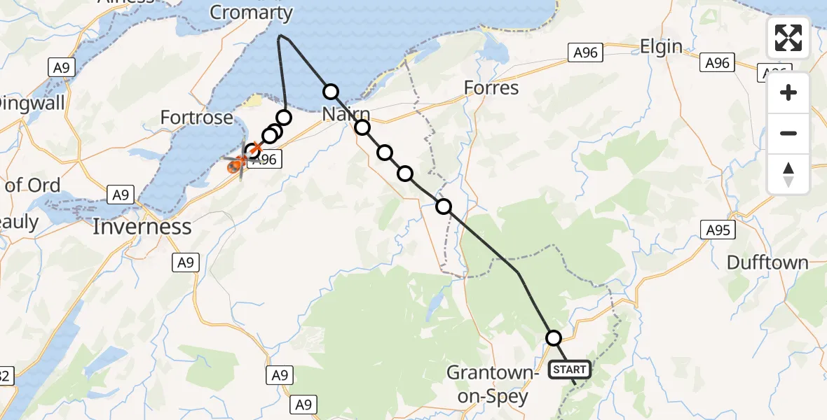 Flight path map showing Coastguard Helicopter route from Cromdale to Inverness Airport